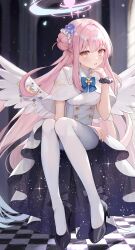 Rule 34 | 1girl, aria (ariacue), blue archive, capelet, highres, long hair, looking at viewer, mika (blue archive), pink hair, sitting, solo, wings, yellow eyes