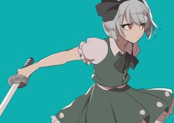 Rule 34 | 1girl, aqua background, black bow, black hairband, bow, frown, ghost print, green shirt, green skirt, hair bow, hairband, holding, holding weapon, katana, kerok (joniko1110), konpaku youmu, looking to the side, outstretched arm, puffy short sleeves, puffy sleeves, red eyes, scowl, shirt, short sleeves, silver hair, simple background, skirt, solo, sword, touhou, upper body, weapon