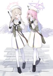 Rule 34 | 2girls, angel wings, black footwear, black neckerchief, blue archive, blush, cosplay, dress, feathered wings, full body, gloves, halo, hat, highres, light brown hair, long hair, long sleeves, mika (blue archive), multiple girls, nagisa (blue archive), neckerchief, one eye closed, open mouth, pantyhose, pink hair, pink halo, sailor collar, sailor dress, shoes, smile, tea party militant (blue archive), tea party militant (blue archive) (cosplay), umiwashi, white dress, white gloves, white hat, white pantyhose, white sailor collar, white wings, wings, yellow eyes
