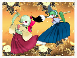 Rule 34 | 1boy, 1girl, arm up, blue hair, blue hakama, blue kimono, bob cut, border, bow, bowl, calligraphy brush, clothed pokemon, colored skin, confetti, creatures (company), flat chest, floral background, flower, full body, gallade, game freak, gardevoir, gen 3 pokemon, gen 4 pokemon, green hair, green skin, grey border, hair bow, hair over one eye, hakama, hakama skirt, hand up, hands up, happy, highres, hip vent, holding, holding bowl, holding brush, ink, japanese clothes, kimono, leaf, leg up, legs apart, long skirt, long sleeves, looking at another, looking at viewer, looking to the side, mohawk, monya, multicolored hair, multicolored skin, nintendo, one eye covered, open mouth, orange background, oversized object, paintbrush, pleated skirt, pokemon, pokemon (creature), red bow, red eyes, red skirt, short hair, short sleeves, skirt, smile, standing, standing on one leg, two-handed, two-tone hair, two-tone skin, white skin, wide sleeves, yellow flower, yellow kimono