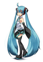 Rule 34 | 1girl, aize, armpits, black footwear, black thighhighs, boots, colored eyelashes, detached sleeves, green eyes, green hair, hatsune miku, headphones, headset, highres, long hair, matching hair/eyes, microphone, necktie, open mouth, shirt, simple background, skirt, sleeveless, sleeveless shirt, sleeves past wrists, solo, standing, thigh boots, thighhighs, very long hair, vocaloid, white background, zettai ryouiki