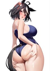 Rule 34 | 1girl, absurdres, ahoge, alternate costume, animal ears, ass, bare shoulders, black hair, blue one-piece swimsuit, breasts, commentary request, dush 1154, hair between eyes, hands on own ass, highres, horse ears, horse girl, horse tail, kitasan black (umamusume), large breasts, looking at viewer, looking back, multicolored hair, one-piece swimsuit, short hair, simple background, solo, streaked hair, swimsuit, tail, two side up, umamusume, white background, white hair