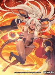 Rule 34 | 1girl, bodysuit, breasts, cape, center opening, copyright name, dark skin, dark-skinned female, facial mark, fire, force of will, forehead mark, glowing, glowing eyes, horns, large breasts, long hair, nail polish, navel, official art, open mouth, pointy ears, red eyes, solo, teeth, thighhighs, white hair, yuko (uc yuk)