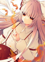 Rule 34 | 1girl, :/, absurdres, arm at side, blouse, bow, buttons, closed mouth, collared shirt, commentary, eyebrows hidden by hair, fire, fujiwara no mokou, grey hair, hair bow, hand up, highres, long hair, long sleeves, looking down, necono (nyu6poko), ofuda, ofuda on clothes, pants, red eyes, red pants, shirt, solo, suspenders, touhou, upper body, very long hair, white bow, white shirt