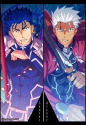 Rule 34 | 2boys, akujiki59, archer (fate), artist name, blood, blood on face, blue hair, brown eyes, cape, clenched teeth, commentary request, covered abs, cu chulainn (fate), cu chulainn (fate/stay night), earrings, fate (series), fingernails, floating hair, hair tubes, hand up, holding, jewelry, long hair, long sleeves, looking at viewer, male focus, multiple boys, official style, ponytail, red cape, shoulder plates, spiked hair, teeth, weapon, white hair