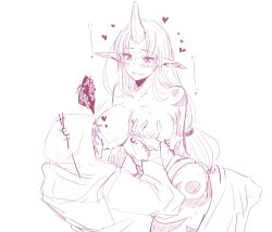Rule 34 | 1boy, 1girl, blush, breastfeeding, grabbing another&#039;s breast, breasts squeezed together, breasts, grabbing, heart, heart-shaped pupils, hetero, horns, large breasts, league of legends, long hair, monochrome, otani (kota12ro08), pointy ears, single horn, soraka (league of legends), symbol-shaped pupils, text focus, translation request, very long hair