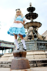 Rule 34 | 1girl, alice (alice in wonderland), alice (alice in wonderland) (cosplay), alice in wonderland, asian, breasts, cosplay, fountain, frills, kipi-san, long hair, outdoors, petite, photo (medium), small breasts, solo