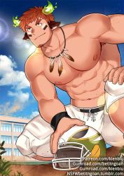 Rule 34 | 1boy, animal ears, armpit hair, bara, beard, blue eyes, bracelet, brown hair, clear sky, facial hair, feathers, fiery horns, forked eyebrows, glowing horns, helmet, horns, jewelry, kienbiu, large pectorals, male focus, muscular, native american, nipples, paid reward available, pectorals, shirt, shorts, sideburns, simple background, sky, smile, solo, sportswear, squatting, thick eyebrows, tokyo houkago summoners, topless male, wakan tanka