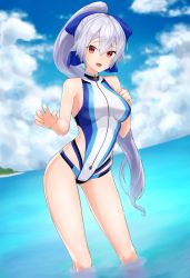 Rule 34 | 1girl, blue bow, blue one-piece swimsuit, blue sky, blush, bow, breasts, competition swimsuit, fate/grand order, fate (series), hair between eyes, hair bow, highleg, highleg swimsuit, highres, knightsaru, large breasts, long hair, looking at viewer, ocean, one-piece swimsuit, open mouth, ponytail, red eyes, silver hair, sky, smile, swimsuit, thighs, tomoe gozen (fate), tomoe gozen (swimsuit saber) (fate), tomoe gozen (swimsuit saber) (first ascension) (fate), two-tone swimsuit, wading, white one-piece swimsuit