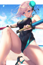 Rule 34 | 1girl, bare shoulders, beach, black one-piece swimsuit, blue eyes, blue one-piece swimsuit, blue sky, blush, border, breasts, bun cover, closed mouth, commentary, competition swimsuit, day, fate/grand order, fate (series), floating hair, fukai ryosuke, gluteal fold, hair bun, highleg, highleg swimsuit, highres, large breasts, long hair, looking at viewer, miyamoto musashi (fate), miyamoto musashi (swimsuit berserker) (first ascension) (fate), one-piece swimsuit, pink hair, sandals, single hair bun, sky, smile, solo, swept bangs, swimsuit, thighs, toy sword, two-tone swimsuit, water drop, white border