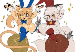Rule 34 | 2girls, animal ear fluff, animal ears, arms up, bell, black gloves, blue leotard, blunt bangs, bow, breasts, brown eyes, cat ears, cat girl, cat tail, catmaid (dizzyspells), colored skin, commentary request, cowboy shot, dizzyspells, fake animal ears, fang, fishnets, fluffy, furry, furry female, gloves, goya (lucyfer), happy, highres, huge breasts, large breasts, leotard, light blush, lion ears, lion girl, lion tail, long hair, looking at viewer, multiple girls, open mouth, orange eyes, orange skin, original, playboy bunny, ponytail, rabbit ears, red bow, red leotard, shiny clothes, shiny skin, short hair, sidelocks, slit pupils, smile, sparkle, sweatdrop, tail, thick thighs, thighs, v, white hair, white skin, wide hips, wrist cuffs