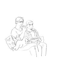 Rule 34 | 2boys, arm around shoulder, character print, chengongzi123, closed mouth, couple, crossed legs, eating, facial hair, feet out of frame, food, goatee stubble, golden kamuy, hand up, highres, holding, holding food, invisible chair, koito otonoshin, lineart, looking to the side, male focus, multiple boys, open mouth, pillow, plaid, popcorn, short hair, simple background, sitting, stubble, stuffed animal, stuffed seal, stuffed toy, tsukishima hajime, tsurumi tokushirou, very short hair, white background, yaoi