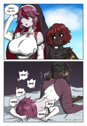 Rule 34 | 1boy, 1girl, ass grab, breasts, brown eyes, clothed sex, clothes, dark-skinned female, dark skin, doggystyle, english text, face down, futa with female, futanari, genshin impact, grabbing another&#039;s ass, hand on another&#039;s ass, heart, huge breasts, interracial, looking at viewer, medium breasts, medium hair, multiple girls, original, red eyes, rosaria (genshin impact), sex, sex from behind, size difference, speech bubble, tongue, tongue out, top-down bottom-up, umeyiyo