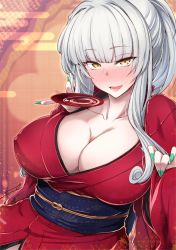 Rule 34 | 1girl, alcohol, alternate costume, alternate hairstyle, breasts, carmilla (fate), cleavage, cup, fate/grand order, fate (series), fue (rhomphair), highres, japanese clothes, kimono, large breasts, looking at viewer, sakazuki, sake, solo, white hair, yellow eyes