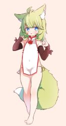 Rule 34 | 1girl, ahoge, animal ear fluff, animal ears, babalilo, barefoot, black sleeves, blue eyes, china dress, chinese clothes, detached sleeves, dress, eyebrows, feet, fox ears, fox girl, fox shadow puppet, fox tail, green hair, highres, legs, original, panties, pink background, shadow puppet, short dress, short hair, side-tie panties, simple background, smile, solo, tail, thighs, toes, underwear, white dress, white panties
