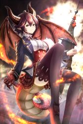 Rule 34 | 1girl, asymmetrical arms, black thighhighs, blouse, breasts, commentary request, corset, dragon girl, dragon horns, dragon tail, dragon wings, fire, flying, granblue fantasy, grea (shingeki no bahamut), horns, jacket, looking at viewer, marusan, medium breasts, miniskirt, open clothes, open jacket, plaid, plaid skirt, pointy ears, purple hair, red eyes, red neckwear, red ribbon, ribbon, scales, shingeki no bahamut, shirt, short hair, skirt, solo, tail, thighhighs, tower, white shirt, wings