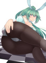 Rule 34 | 10s, 1girl, animal ears, ass, ass grab, bare shoulders, blush, breasts, cleavage, dura, fake animal ears, female focus, green hair, green heart (neptunia), highres, large breasts, leotard, long hair, looking at viewer, lying, neptune (series), on side, pantyhose, playboy bunny, ponytail, power symbol, power symbol-shaped pupils, purple eyes, rabbit ears, rabbit tail, smile, solo, symbol-shaped pupils, tail, vert (neptunia)