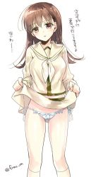 Rule 34 | 10s, 1girl, blush, bow, bow panties, breasts, brown eyes, brown hair, clothes lift, commentary request, head tilt, kantai collection, kneehighs, long hair, long sleeves, looking at viewer, motomiya mitsuki, neckerchief, ooi (kancolle), panties, parted lips, remodel (kantai collection), sailor collar, school uniform, serafuku, side-tie panties, simple background, sketch, skirt, skirt lift, socks, solo, standing, text focus, translation request, twitter username, underwear, white background, white panties