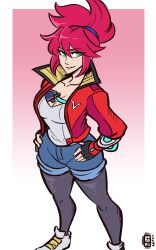 Rule 34 | 1girl, absurdres, breasts, cleavage, collarbone, cropped jacket, denim, denim jacket, green eyes, hi-fi rush, highres, jacket, korsica (hi-fi rush), large breasts, long hair, pantyhose, pantyhose under shorts, ponytail, red hair, scruffyturtles, shorts, smile, solo, thick thighs, thighs, wide hips
