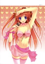 Rule 34 | 1girl, :d, absurdres, amane sou, arm up, armpits, asakura misaki, front-tie top, hair intakes, heart, heart background, highres, idol revolution, microphone, open mouth, orange hair, pink thighhighs, purple eyes, ribbon, skirt, smile, solo, thighhighs