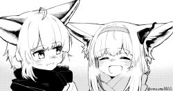 Rule 34 | 2girls, :d, ^ ^, ahoge, animal ear fluff, animal ears, arknights, blush, breath, closed eyes, commentary request, fox ears, greyscale, hairband, highres, monochrome, multiple girls, open mouth, scarf, sidelocks, smile, sussurro (arknights), suzuran (arknights), upper body, white background, yom (ymayma00ss)