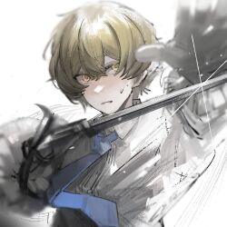 Rule 34 | 1boy, blonde hair, blue necktie, fencing, gloves, holding, holding sword, holding weapon, limbus company, long sleeves, looking at viewer, necktie, project moon, rapier, s661479361148, shirt, sinclair (project moon), solo, sparkle, sword, weapon, white background, white gloves, white shirt, yellow eyes