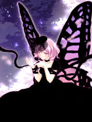 Rule 34 | 1girl, alternate costume, bad id, bad pixiv id, black dress, butterfly wings, candy1024, cherry blossoms, collar, dress, female focus, gradient background, hair ornament, hat, insect wings, pink eyes, pink hair, saigyouji yuyuko, short hair, solo, touhou, wings