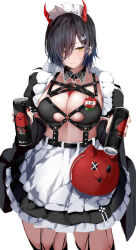 Rule 34 | 1girl, apron, azur lane, black hair, breasts, can, cleavage, closed mouth, commentary request, hair ornament, hair over one eye, hairclip, holding, holding can, horns, large breasts, long sleeves, looking at viewer, maid, maid apron, maid headdress, official alternate costume, raru (nanaharararu), red horns, short hair, simple background, solo, thighs, ulrich von hutten (azur lane), ulrich von hutten (mayhem maid) (azur lane), white background, x hair ornament, yellow eyes