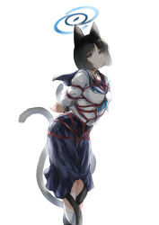 Rule 34 | 1girl, animal ears, bdsm, black eyes, black hair, black sailor collar, black skirt, blue archive, blue halo, blue neckerchief, bondage, bound, cat ears, cat tail, closed mouth, feet out of frame, halo, highres, kikyou (blue archive), long sleeves, looking at viewer, matsukura nemu, multiple tails, neckerchief, pleated skirt, restrained, sailor collar, school uniform, serafuku, short hair, simple background, skirt, socks, solo, tail, two tails, white background, white socks