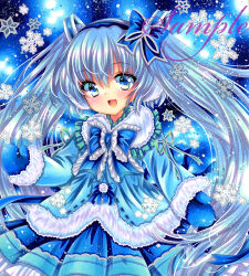 Rule 34 | 1girl, :d, blue background, blue bow, blue bowtie, blue coat, blue eyes, blue hair, blue hairband, blue mittens, blue ribbon, blue skirt, blue theme, bow, bowtie, coat, commentary, cowboy shot, frilled bow, frilled bowtie, frills, fur-trimmed coat, fur trim, hair bow, hair ribbon, hairband, hatsune miku, light blue hair, long hair, long sleeves, looking at viewer, marker (medium), mittens, open mouth, ribbon, rui (sugar3), sample watermark, skirt, smile, snowflakes, solo, standing, traditional media, twintails, very long hair, vocaloid, watermark, yuki miku, yuki miku (2012)