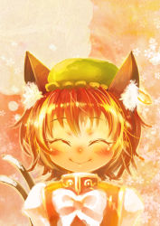 Rule 34 | 1girl, animal ears, bad id, bad pixiv id, blush, bow, bowtie, brown hair, cat ears, cat girl, cat tail, chen, closed eyes, earrings, female focus, happy, im (badmasa), jewelry, multiple tails, ribbon, short hair, single earring, smile, solo, tail, touhou, upper body