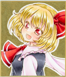Rule 34 | 1girl, black vest, blonde hair, blouse, blush, bow, collared shirt, graphite (medium), hair between eyes, hair bow, long sleeves, looking at viewer, looking to the side, marker (medium), neckerchief, nekofish666, open mouth, outstretched arms, red bow, red eyes, red neckerchief, rumia, shirt, short hair, solo, spread arms, touhou, traditional media, vest