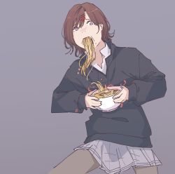 Rule 34 | 1girl, absurdres, ai drawing anime characters eating ramen (meme), black shirt, bowl, brown hair, eating, feet out of frame, fine art parody, food, grey pantyhose, hair ornament, hairclip, highres, higuchi madoka, holding, holding bowl, idolmaster, idolmaster shiny colors, long sleeves, looking at viewer, lyrinne, meme, noodles, open mouth, pantyhose, parody, purple eyes, raised eyebrows, ramen, saturn devouring his son, shirt, short hair, simple background, skirt, solo