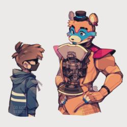 Rule 34 | 2boys, animal ears, animification, aqua nails, bear boy, bear ears, black bow, black bowtie, bow, bowtie, bracelet, creg (kiibbl), cropped legs, five nights at freddy&#039;s, five nights at freddy&#039;s: security breach, freddy fazbear, from side, furry, furry male, glamrock freddy, hands on own hips, hat, jewelry, machinery, male focus, mini hat, multiple boys, nail polish, pointing, pointing at self, raised eyebrow, robot, spiked bracelet, spikes, thick eyebrows, top hat