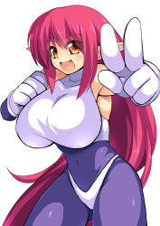 Rule 34 | 1girl, bodysuit, breasts, covered navel, crop top, fang, galaxy fight, gloves, hair between eyes, highres, huge breasts, large breasts, long hair, looking at viewer, navel, open mouth, pink hair, pointy ears, rei shabu, roomi, sidelocks, simple background, smile, solo, thick thighs, thighs, thong, v, very long hair, white background, yellow eyes