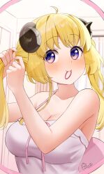 Rule 34 | 1girl, ahoge, alternate hairstyle, animal ears, bare arms, bare shoulders, black horns, blonde hair, blue eyes, blush, breasts, cleavage, closed mouth, commentary request, curled horns, fingernails, hair tie, hair tie in mouth, highres, holding, holding own hair, hololive, horns, indoors, large breasts, leo (f mmmnkm paint), long fingernails, long hair, looking to the side, mirror, mouth hold, purple shirt, reflection, sheep ears, sheep girl, sheep horns, shirt, signature, sleeveless, sleeveless shirt, smile, solo, tsunomaki watame, twintails, twintails day, tying hair, upper body, virtual youtuber
