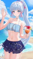 1girl absurdres ayaka_(genshin_impact) bare_shoulders beach bikini blue_eyes blue_skirt blue_sky blush cloud cowboy_shot cup cupping_glass day drinking_straw flower food fruit genshin_impact grey_hair hair_intakes highres holding holding_cup ituka_kanau lemon lemon_slice long_hair looking_at_viewer miniskirt navel ocean parted_lips ponytail red_flower see-through_clothes skirt sky solo stomach swimsuit thighs very_long_hair water