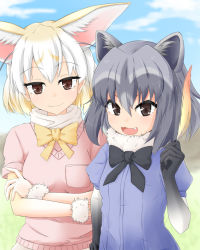 Rule 34 | &gt;:3, &gt;:d, 10s, 2girls, :3, :d, animal ears, arm at side, bad id, bad pixiv id, black bow, black bowtie, black hair, blonde hair, blurry, blush, bow, bowtie, breasts, brown eyes, closed mouth, common raccoon (kemono friends), crossed arms, day, depth of field, fang, feathers, fennec (kemono friends), fox ears, hair between eyes, head tilt, highres, holding, holding feather, kemono friends, looking at viewer, medium breasts, multicolored hair, multiple girls, open mouth, outdoors, pink sweater, puffy short sleeves, puffy sleeves, raccoon ears, short-sleeved sweater, short sleeves, smile, sweater, two-tone hair, v-shaped eyebrows, white hair, yamamoto rintarou, yellow bow, yellow bowtie
