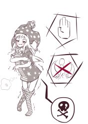 Rule 34 | 1girl, american flag dress, american flag legwear, blush, breasts, closed mouth, clownpiece, collar, embarrassed, fairy wings, female focus, frilled collar, frills, full body, half-closed eyes, hands up, hat, highres, jester cap, jewelry, katsura dendou, leggings, long hair, monochrome, panties, panty pull, pigeon-toed, polka dot headwear, pussy juice, ring, short sleeves, sidelocks, simple background, sketch, skull and crossbones, small breasts, solo, spot color, standing, tears, thigh gap, thought bubble, touhou, trembling, underwear, v-shaped eyebrows, wavy mouth, wet, wet clothes, wet panties, white background, wings