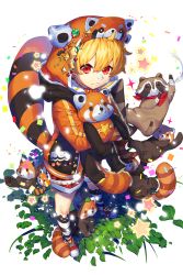 Rule 34 | 1boy, ahoge, amera, animal hood, blonde hair, confetti, foreshortening, full body, highres, holding, holding stuffed toy, hood, male focus, raccoon, raccoon tail, red panda, shoes, sneakers, soccer spirits, socks, solo, standing, striped clothes, striped socks, stuffed animal, stuffed toy, tail, transparent background, tyler (soccer spirits)