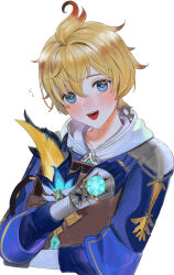 Rule 34 | 1boy, 4the2ofus, absurdres, blonde hair, blue eyes, blush, book, cropped torso, flying sweatdrops, gauntlets, genshin impact, gradient hair, hair between eyes, highres, holding, holding book, hood, hood down, long sleeves, looking at viewer, male focus, mika (genshin impact), multicolored hair, open mouth, red hair, signature, simple background, solo, upper body, white background