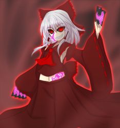 Rule 34 | 1girl, armpits, ascot, black sclera, bow, colored sclera, dark persona, detached sleeves, evil grin, evil smile, frilled shirt collar, frills, glowing, glowing eyes, grin, hair bow, hair tubes, hakurei reimu, large bow, long skirt, m.u.g.e.n, maga-reimu, navel, ofuda, outline, red eyes, ribbon-trimmed sleeves, ribbon trim, skirt, skirt set, smile, solo, teoi (good chaos), touhou, vest, white hair, wide sleeves