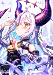 Rule 34 | 1girl, ahoge, antaaku, bare shoulders, black dress, black horns, blush, braid, braided bangs, closed mouth, commentary request, demon horns, detached sleeves, dress, grey hair, hand up, highres, hololive, horns, la+ darknesss, la+ darknesss (1st costume), long hair, looking at viewer, multicolored hair, neckerchief, pointy ears, purple hair, sleeveless, sleeveless dress, slit pupils, smile, solo, streaked hair, striped horns, tail, upper body, very long hair, virtual youtuber, yellow eyes, yellow neckerchief