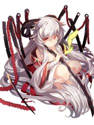 Rule 34 | 1girl, absurdly long hair, animal, bandaged arm, bandaged leg, bandages, bare shoulders, barefoot, bird, closed mouth, collarbone, commentary request, curled horns, full body, grey hair, hair between eyes, horns, knees up, long hair, looking at viewer, off shoulder, original, red eyes, robe, solo, squatting, transparent background, very long hair, white robe, yuuji (yukimimi)