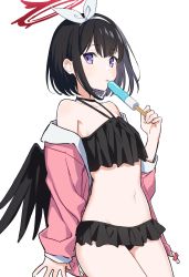 Rule 34 | 1girl, absurdres, bikini, black bikini, black hair, black wings, blue archive, bow, bow hairband, cowboy shot, food, frilled bikini, frills, hairband, halo, highres, holding, holding food, jacket, jacket over swimsuit, light blush, looking at viewer, mashiro (blue archive), mashiro (swimsuit) (blue archive), midriff, mozu (modagoro), navel, off shoulder, official alternate costume, open clothes, open jacket, pink jacket, popsicle, purple eyes, short hair, simple background, solo, swimsuit, tongue, tongue out, white background, white bow, white hairband, winged halo, wings