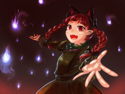 Rule 34 | 1girl, :d, animal ears, bow, braid, cat ears, dress, fang, fangs, fire, grey background, hitodama, kaenbyou rin, kys (k-k2), looking at viewer, open mouth, outstretched arms, red eyes, red hair, simple background, skin fangs, smile, solo, touhou, twin braids, twintails