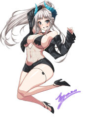 Rule 34 | 1girl, arm up, bare shoulders, black footwear, black jacket, black shorts, black sleeves, blade &amp; soul, blunt bangs, body markings, breasts, cleavage, commentary, commission, curled fingers, dated, dot nose, dragon horns, english commentary, fishnet leotard, full body, grey eyes, grin, hair ornament, high heels, highres, horns, jacket, jumping, knees together feet apart, large breasts, leather, leather jacket, legs, long hair, long sleeves, looking at viewer, mole, mole under eye, navel, off shoulder, open mouth, pixiv commission, rantia, shorts, signature, simple background, smile, solo, thigh strap, white background, white hair