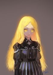 Rule 34 | 1girl, arms at sides, black dress, blonde hair, brown background, copyright request, dress, empty eyes, glowing, glowing eyes, glowing hair, light smile, long sleeves, looking at viewer, sash, signature, sketch, solo, umiu geso, wavy hair, yellow eyes