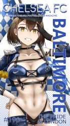 Rule 34 | 1girl, a port in any storm, absurdres, adapted costume, annotated, arm up, azur lane, baltimore (azur lane), baltimore (finish line flagbearer) (azur lane), bikini, black bikini, black choker, black gloves, blue bikini, blue hat, blue jacket, blue shorts, blue sleeves, breasts, brown hair, chelsea fc, chest harness, choker, cleavage, collarbone, commentary, commentary request, cover, cowboy shot, cropped jacket, detached sleeves, fake magazine cover, flag, gloves, grin, hair between eyes, halftone, halftone background, harness, hat, highleg, highleg bikini, highres, jacket, large breasts, looking at viewer, magazine cover, medal, micro shorts, mismatched bikini, navel, nike (company), official alternate costume, pole, race queen, revision, salute, short hair, shorts, sidelocks, single bare shoulder, single detached sleeve, single glove, skindentation, smile, solo, standing, stomach, swimsuit, teeth, twitter username, uefa champions league, underboob, underbust, white background, yellow eyes