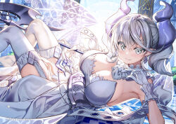 Rule 34 | 1girl, breasts, cleavage, closed mouth, detached collar, dress, duel monster, earrings, fujima takuya, gloves, grey eyes, grey hair, hair between eyes, holding, holding weapon, horns, jewelry, large breasts, long hair, looking at viewer, lovely labrynth of the silver castle, pointy ears, smile, thighhighs, twitter username, weapon, white dress, white gloves, white thighhighs, wings, yu-gi-oh!